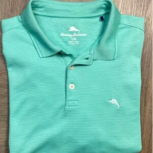 Tommy Bahama Polo Shirt Mens Large Aqua Blue Micro Stripe Golf Tennis Casual